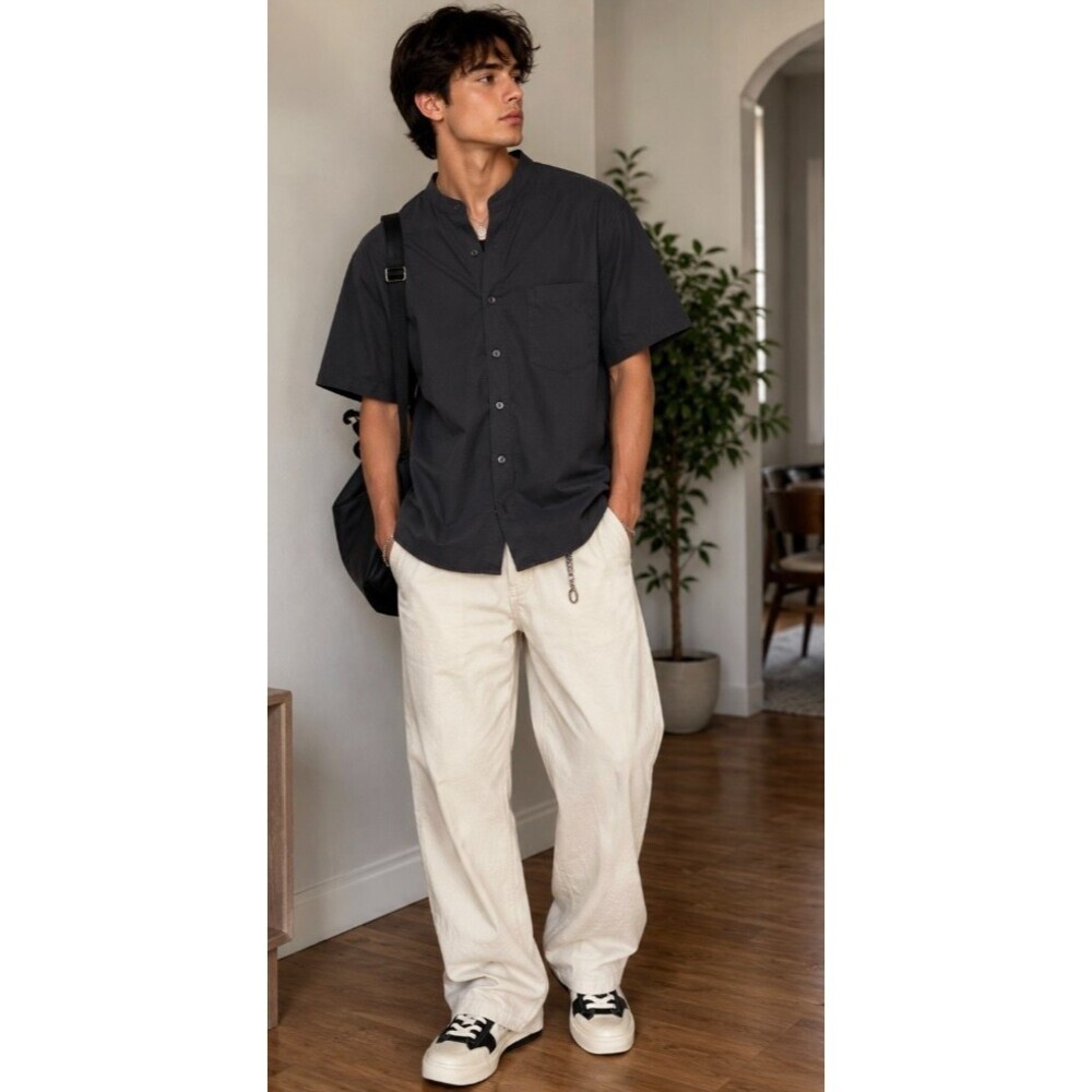 7 Diamonds Restless Shirt Mens Large Navy Band Collar Short Sleeve Button Down